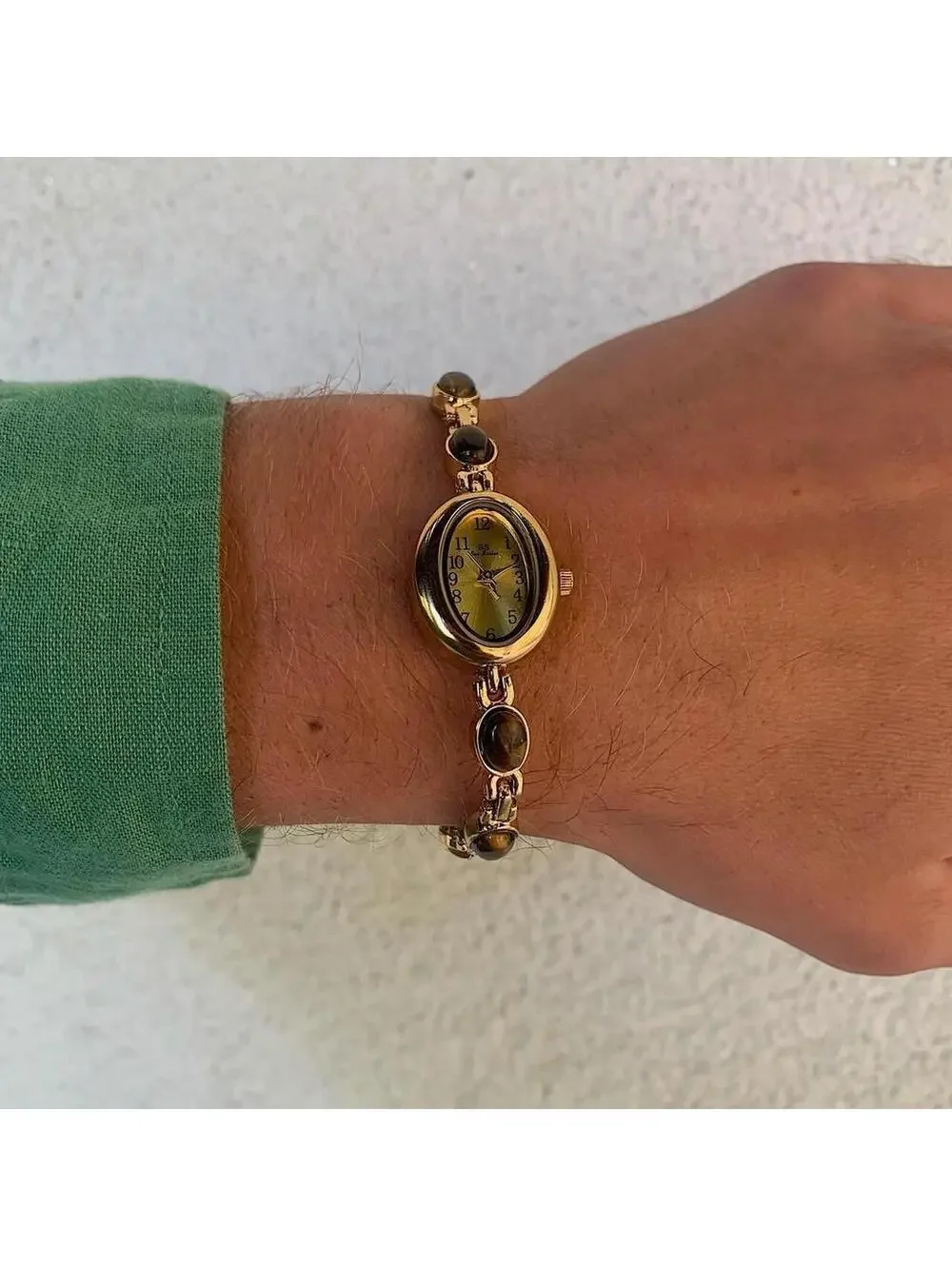 Boho Indie Gold style tone quartz watch with glass brown jade stone opal
